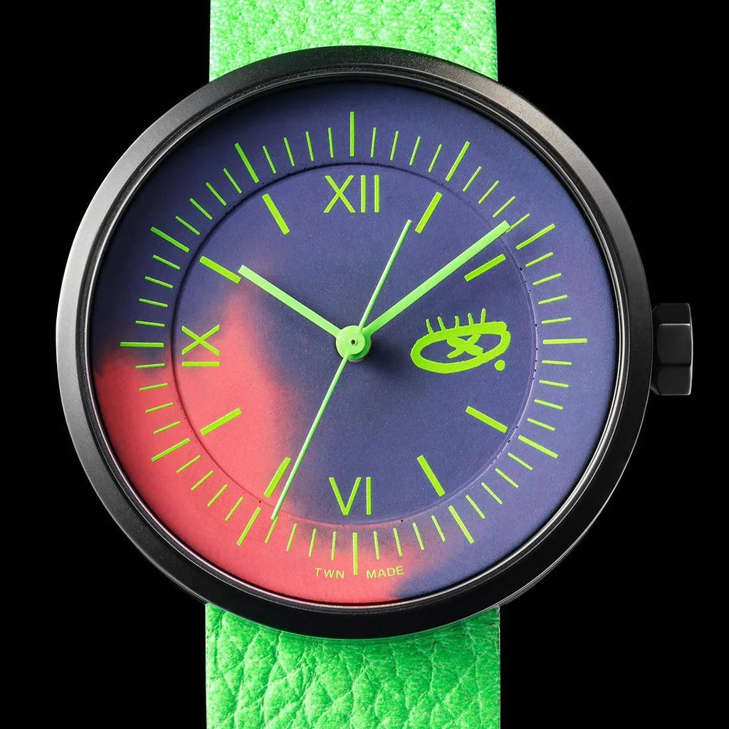 Custom concrete wristwatch designed and manufactured by 22STUDIO. Featuring a bold gradient dial, neon green Roman numerals, and a textured leather strap, this bespoke timepiece blends artistic flair with industrial design—ideal as a premium corporate gift or branded accessory.